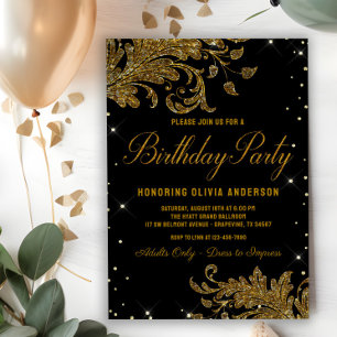Invitation anniversaire tourbillon noir et or pour