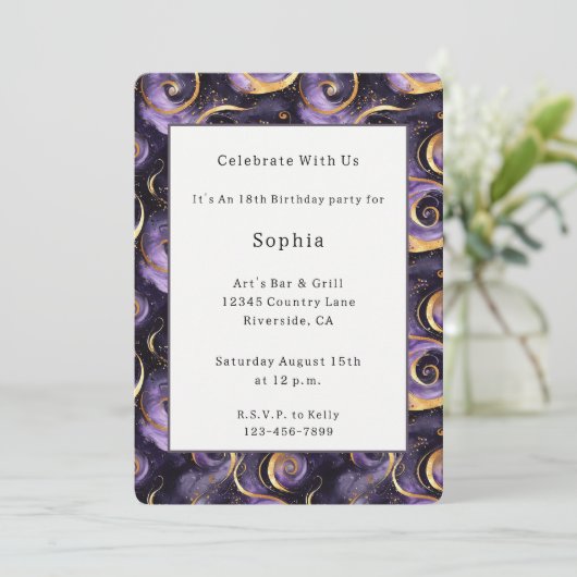 Invitation Anniversaire Tourbillons Or Violet (Debout devant)