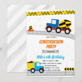 Invitation Anniversaire transport construction bleu (Devant / Derrière)