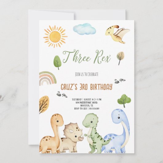 Invitation Anniversaire Trois Dinosaure Brun Et Vert Rex 3ème (Devant)