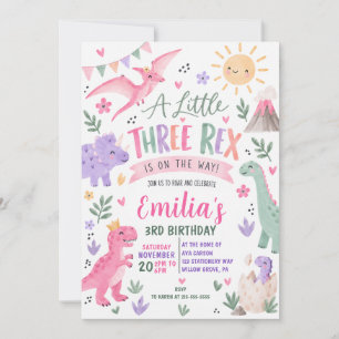 Invitation Anniversaire Trois Rex Dinosaure Aquarelle Pastel