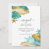 Invitation Anniversaire Tropical Bleu-vert et Or (Devant)