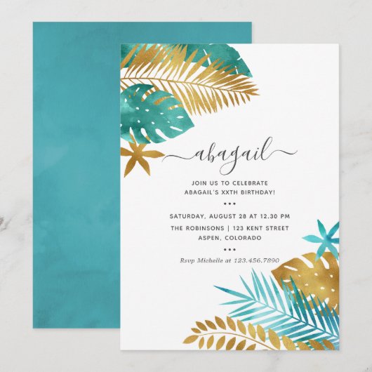 Invitation Anniversaire Tropical Bleu-vert et Or (Devant / Derrière)