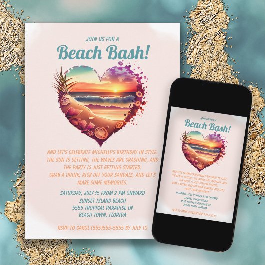 Invitation Anniversaire Tropical Coucher de Soleil Océan Plag