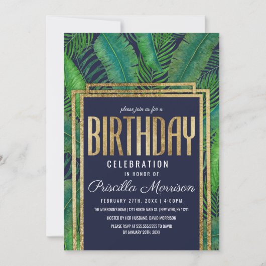 Invitation Anniversaire tropical de bleu marine d'or vert de (Devant)
