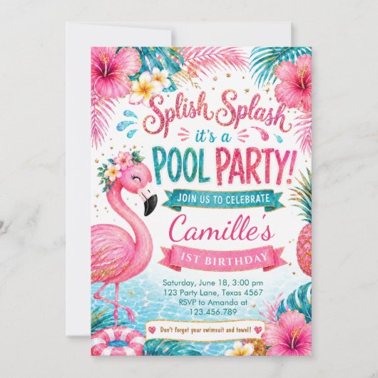 Invitation Anniversaire Tropical Flamingo Splash Pool Party (Devant)