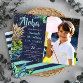 Invitation Anniversaire Tropical Pineappal Navy Blue Luau Pho