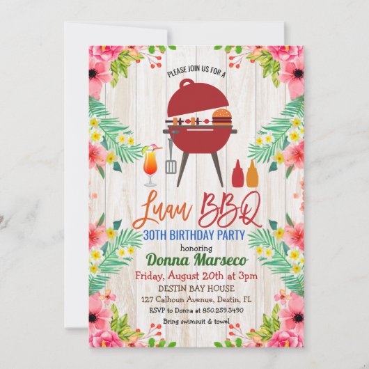 Invitation anniversaire tropicale BBQ Luau Aloha (Devant)