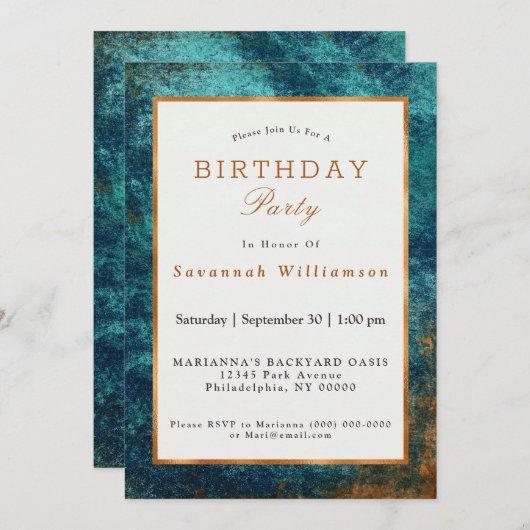 Invitation Anniversaire Turquoise Abstrait de Boho en cuivre (Devant / Derrière)