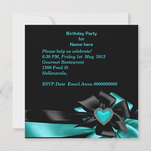 Invitation Anniversaire Turquoise Bleu Coeur Noir Bow Image (Dos)