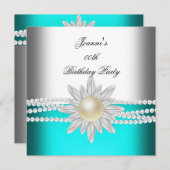 Invitation Anniversaire Turquoise Blue Aqua White Pearl Flowe (Devant / Derrière)