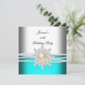 Invitation Anniversaire Turquoise Blue Aqua White Pearl Flowe (Debout devant)