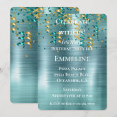 Invitation Anniversaire turquoise de Confetti d'or (Devant / Derrière)