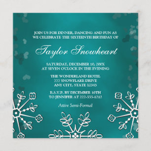 INVITATION ANNIVERSAIRE TURQUOISE DE SWEET SIXTEEN DE FLOCON