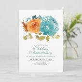 Invitation Anniversaire turquoise du Mariage floral orange br (Debout devant)