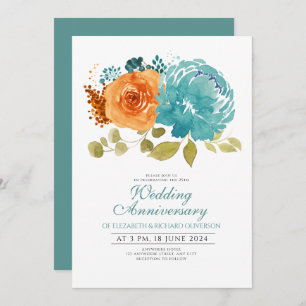 Invitation Anniversaire turquoise du Mariage floral orange br