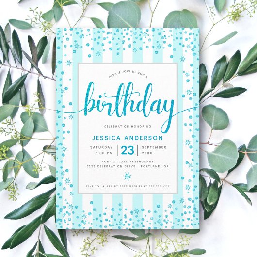 Invitation Anniversaire turquoise parties scintillant moderne