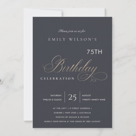 INVITATION ANNIVERSAIRE TYPOGRAPHIE NAVY OR SIMPLE TOUT ÂGE (Devant)