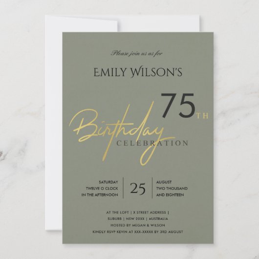 INVITATION ANNIVERSAIRE TYPOGRAPHIE OR GRIS SIMPLE TOUT ÂGE (Devant)