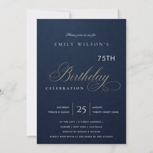 INVITATION ANNIVERSAIRE TYPOGRAPHIE OR NAVY SIMPLE TOUT ÂGE (Devant)