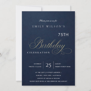 INVITATION ANNIVERSAIRE TYPOGRAPHIE OR NAVY SIMPLE TOUT ÂGE