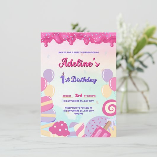 INVITATION ANNIVERSAIRE UN AN ROSE ET CANDY DOUCE (Debout devant)