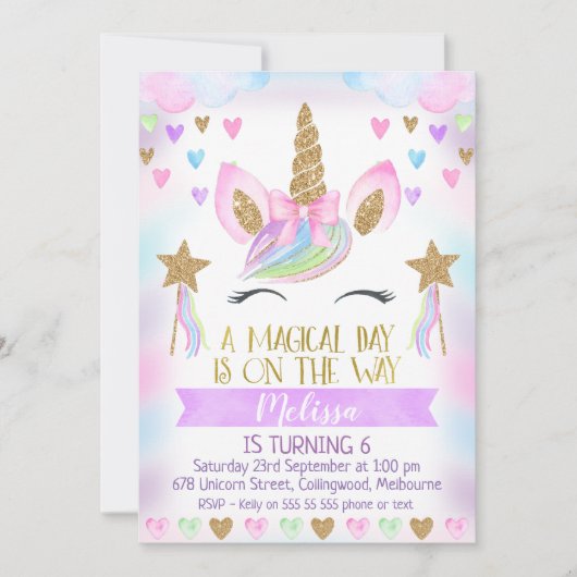 Invitation Anniversaire Unicorn Avec Parties scint (Devant)