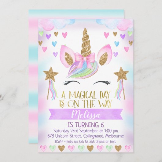 Invitation Anniversaire Unicorn Avec Parties scint (Devant / Derrière)