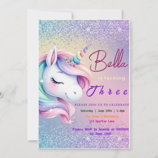Invitation Anniversaire Unicorne Pastel Rainbow Pa (Devant)
