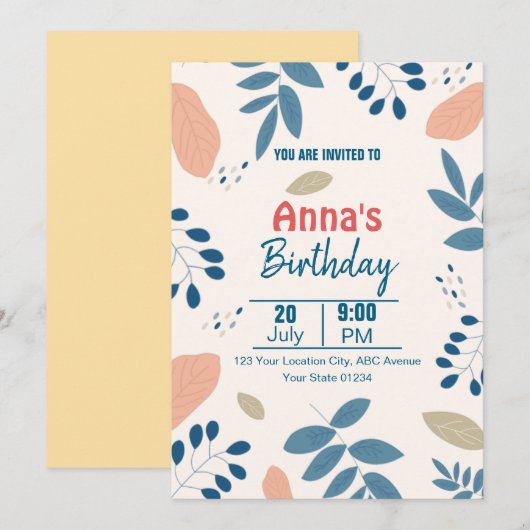 Invitation Anniversaire végétal minimaliste et élégant (Devant / Derrière)