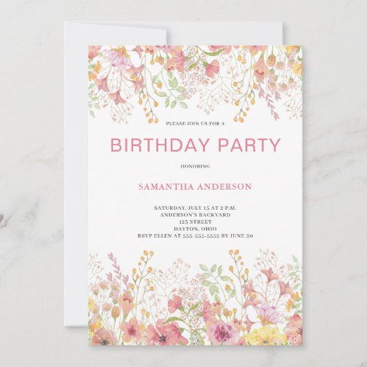 Invitation Anniversaire végétal rose (Devant)