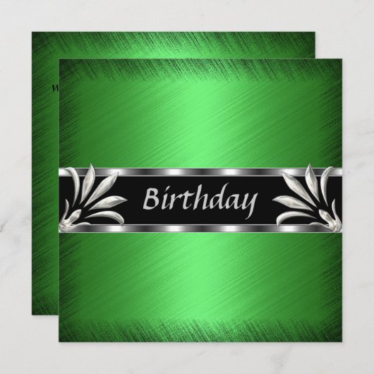 Invitation Anniversaire Vert Argent Floral (Devant / Derrière)