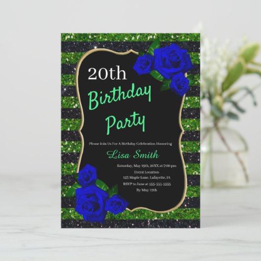 Invitation Anniversaire Vert noir Parties scintillant Bleu pr (Debout devant)