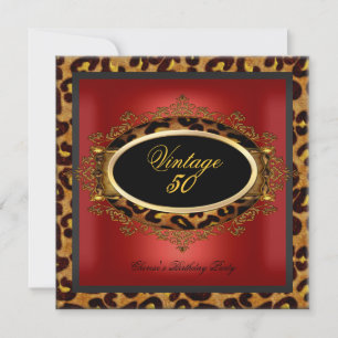 Invitation Anniversaire Vintage 50 Rouge Or Noir Léopard