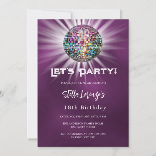 Invitation Anniversaire violet de la fête disco (Devant)