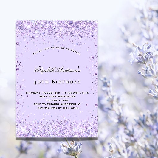 Invitation Anniversaire violet lavande parties scintillant sc