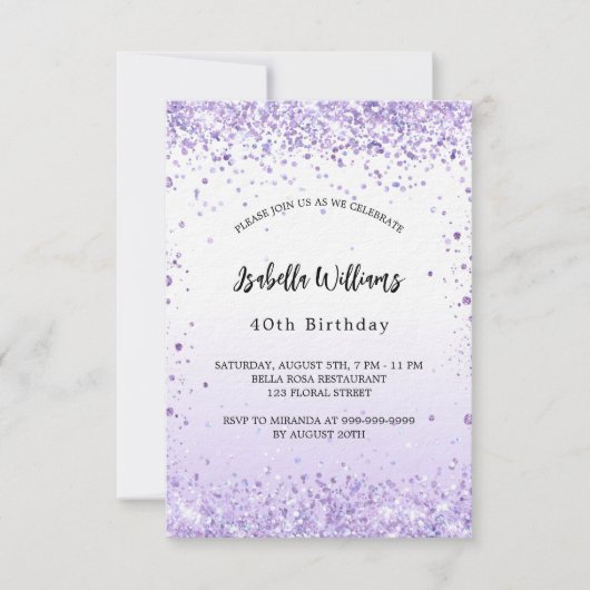 Invitation Anniversaire violet lavande scintille luxe script (Devant)