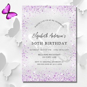 Invitation Anniversaire violet papillon d'argent scintille lu