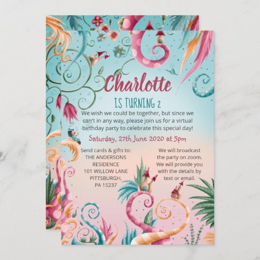 Invitation Anniversaire virtuel, maisons blanches fleuries et (Devant / Derrière)