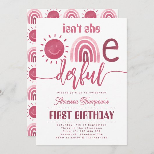 Invitation Anniversaire virtuel rose arc-en-ciel Sunshine (Devant / Derrière)