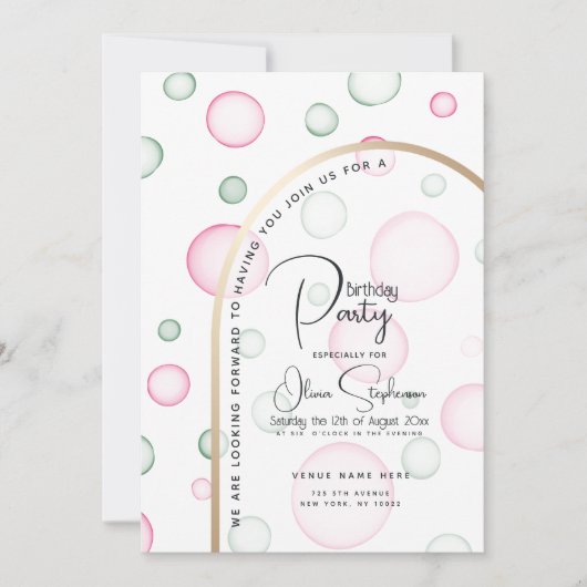 Invitation Anniversaire | Vivante bulles rose et vert (Devant)