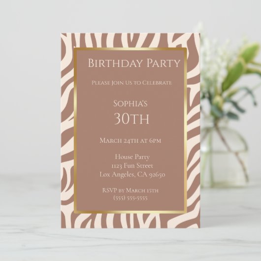 Invitation Anniversaire-Zebra Pattern-Mocha Mousse- Invitatio (Debout devant)