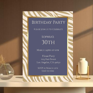 Invitation Anniversaire-Zèbre Imprimer Bleu et Beige-