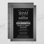 Invitation Anniversary Surprise Party Elegant Black & Silver<br><div class="desc">Can you keep a secret? Invite family and friends to an elegant and exciting surprise anniversary celebration with custom black and silver party invitations. All wording on this template is easy to personalize, including message that reads "Shhh! It's a SURPRISE." The design features a modern striped border, classic vintage art...</div>