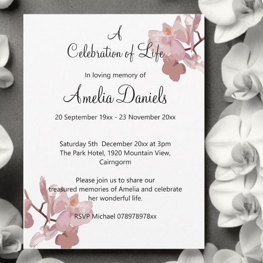 Invitation Annonce de célébration de vie d'orchidée rose