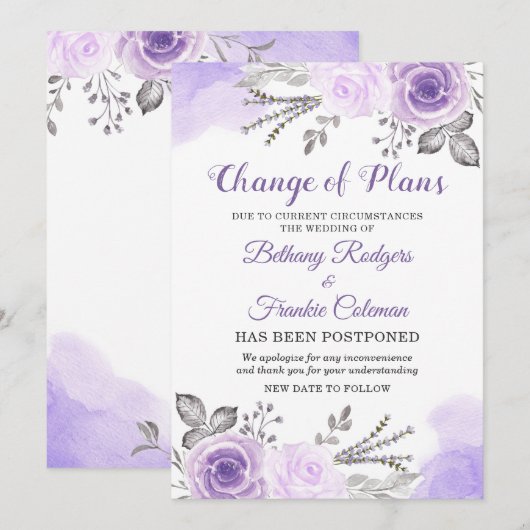 Invitation Annonce de Changement de Plans Chic Fleuris Violet (Devant / Derrière)