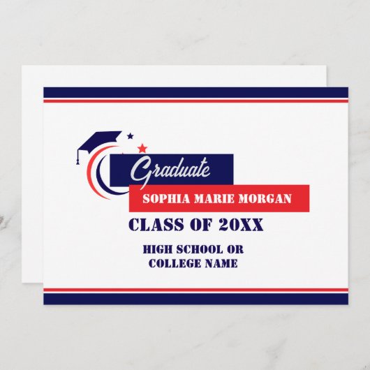 Invitation Annonce de diplômé bleu rouge blanc diplômé (Devant / Derrière)