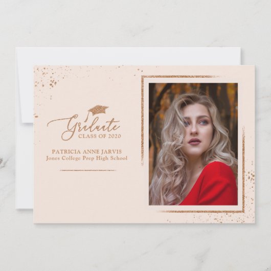 Invitation Annonce de diplômé chic photo pailletée rose gold (Devant)