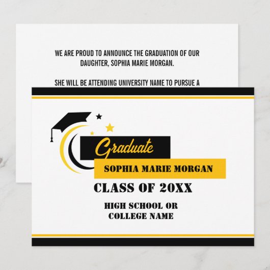 Invitation Annonce de diplômé jaune noir blanc (Devant / Derrière)