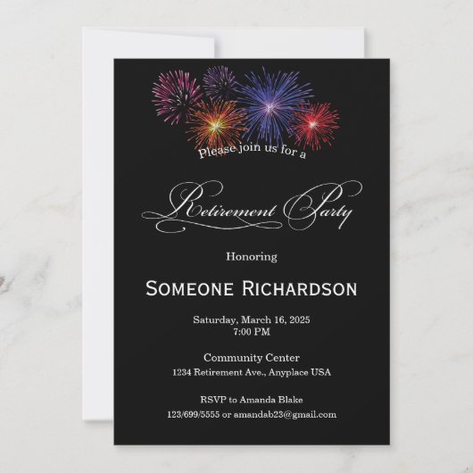Invitation Annonce de fête de retraite avec feux d'artifice (Devant)